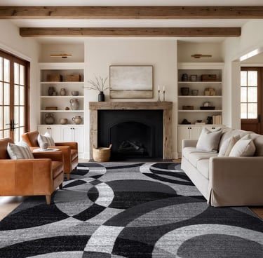 Modern living room with a large black and grey geometric circle area rug and leather chairs.