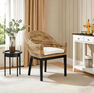 Woven seagrass barrel chair with white cushion in a coastal living room.