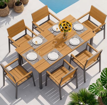 Modern wood patio dining set with six chairs and a rectangular table set for dinner by a pool.