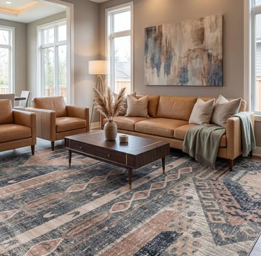 Modern living room with a brown leather sofa and a large patterned area rug over hardwood floors.