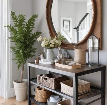 Entryway console table with mirror, woven baskets and white ceramic pieces