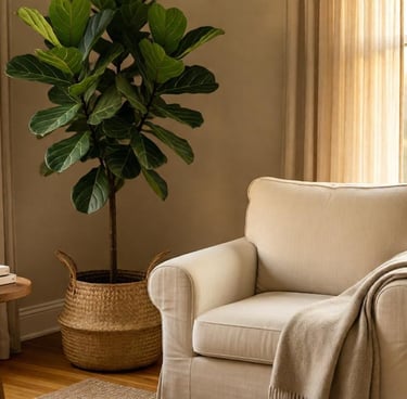 Warm living room corner with tall potted plant in woven basket, cream chair, small wood side table