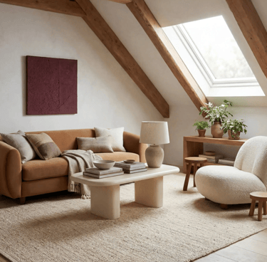 Modern living room featuring a tan sofa, white boucle chair, and wood ceiling beams.