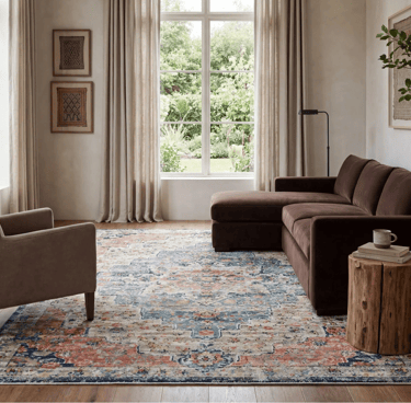A modern living room featuring a brown sectional sofa and a blue and terracotta distressed area rug.