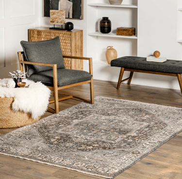 Vintage distressed medallion area rug in a modern living room with a grey armchair and wooden furniture.