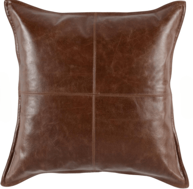 Square brown faux leather throw pillow with decorative quadrant stitching for rustic home decor.