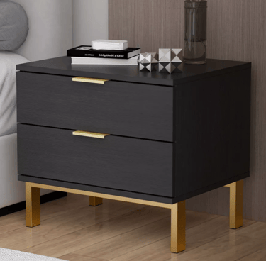 Modern black nightstand with two drawers and gold metal legs for contemporary bedroom decor.