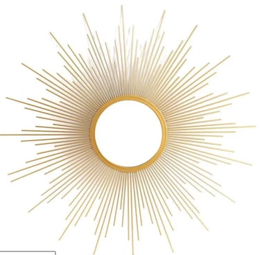 Round gold sunburst wall mirror with elegant metallic rays for modern home decor.