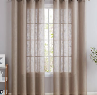 Elegant taupe linen sheer curtains with grommet top hanging on a window for soft natural light.