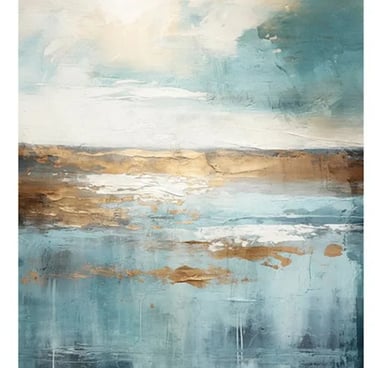 Abstract coastal landscape oil painting with blue, white, and gold textured brushstrokes.