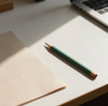 Close-up photography of a minimalist workspace in a South American / Brazilian creative studio, showing organic paper textures, a muted green pencil, and natural sunlight casting soft shadows on a light off-white desk.