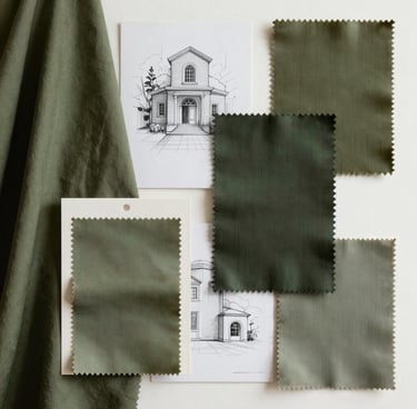 A high-end editorial shot of a designer's mood board, featuring fabric swatches in olive green and muted tones, architectural sketches, and a clean, sophisticated composition, South American / Brazilian context.