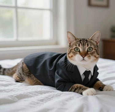 A dapper tabby cat wearing a formal black suit and tie lying on a white bed.