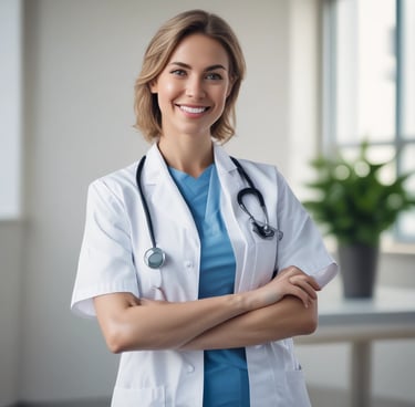 A smiling businesswoman reviewing brand strategy notes in a cozy office.