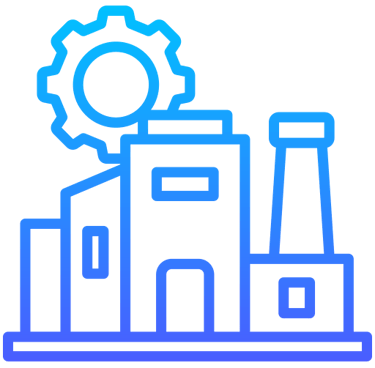 Factory building with gear icon representing industrial manufacturing and production
