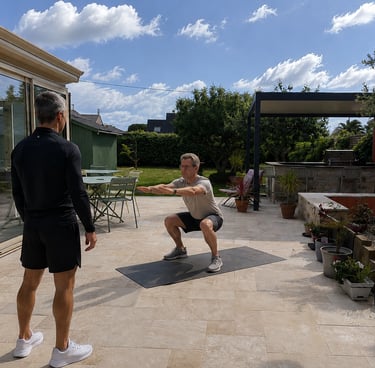 Séance de coaching sportif à domicile en extérieur avec un client 50+ sur une terrasse privée dans le Golfe du Morbihan.