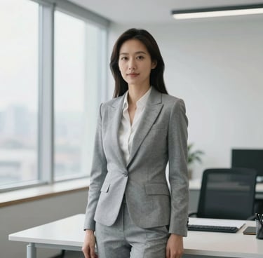 Elegant portrait of a business professional in a light gray minimalist office, large windows with soft natural light, clean white walls, sophisticated and professional mood, International Professional.