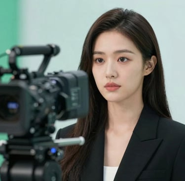 High-quality video production scene, a professional camera rig focused on a talented actress, soft bokeh background, agency-level production, featuring #1A5E63 highlights.