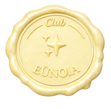 Elegante sello de lacre dorado con texto del Club Eunoia y símbolos de estrellas.
