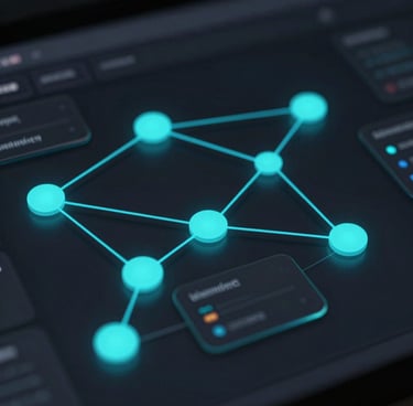 Macro crop of a high-fidelity dark UI workflow builder, glowing cyan node-based connections, sharp glassmorphic data cards on a deep obsidian background, low-key ambient lighting.