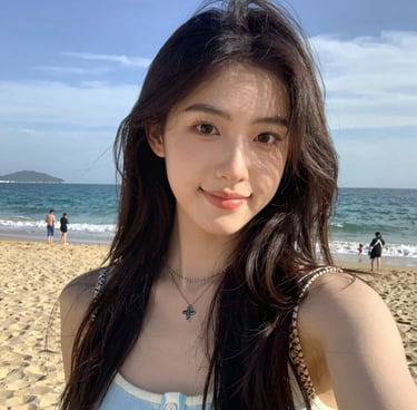 Elegant seaside terrace at sunset with soft gold lighting and navy blue accents.