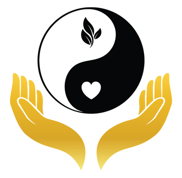 Senti Viva Logo mit Yin-Yang Symbol, Herz, Blattmotiv und schützenden Händen in Gold und Schwarz