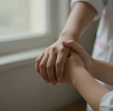 A close-up of a child's hand holding a clinical nurse's hand under soft natural window light, warm editorial photography, deep muted tones, shallow depth of field.