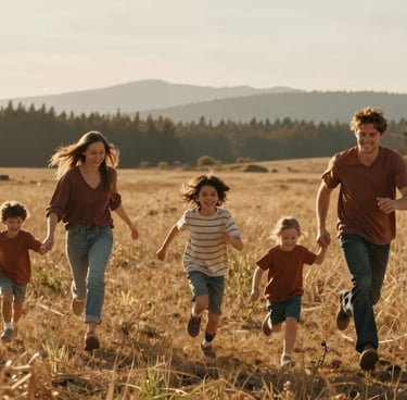 Authentic candid photography of a young family running through a meadow in the North American / US Pacific Northwest. Cinematic, warm sun-drenched lighting at golden hour. Soft Sand and Terracotta tones.