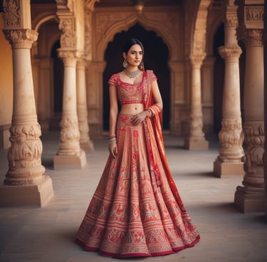 A mannequin is dressed in a light blue embroidered kurta with white floral patterns, paired with a matching blue dupatta. The mannequin is displayed in a clothing store with a red and white interior. Various fabrics and garments are visible in the background.