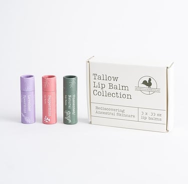 Hearth and Homestead tallow lip balm collection in eco-friendly compostable tubes.