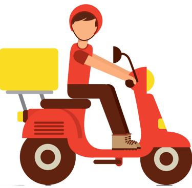 A delivery man in a red shirt and helmet riding a red scooter with a yellow cargo box.
