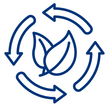 Blue circular recycling arrows icon surrounding two leaves, representing environmental sustainability and green energy.