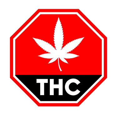 Red sign symbol with a white cannabis leaf and THC text warning for marijuana products.