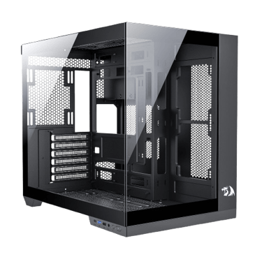 a black computer case with a glass door