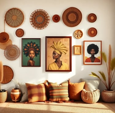 Afro-Bohemian gallery wall with woven African baskets, tribal-inspired artwork, Afro-Bohemian portra