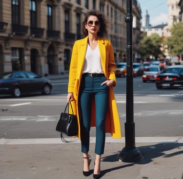 A happy woman wearing colorful outfits, showcasing her style.