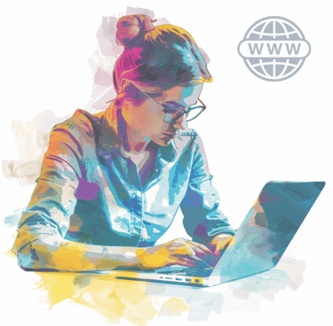 Colourful image of a woman using a laptop with the internet logo in the corner