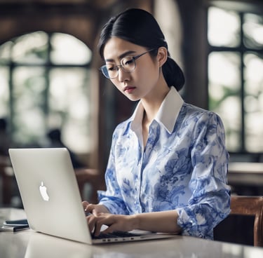 a woman in glasses and a blue shirt is sitting at a table