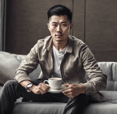 a man sitting on a couch with a cup of coffee