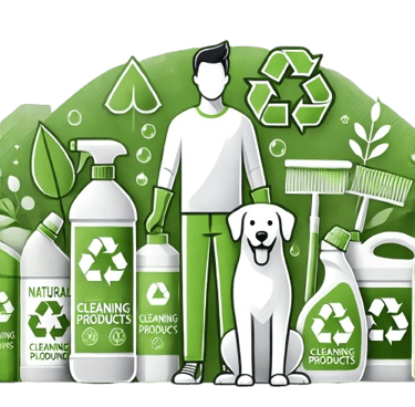 a man with a dog standing in front of a green background with a dog and ecologic products