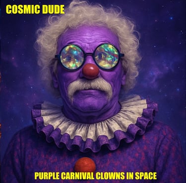 Purple clown wearing round glasses and clown costume