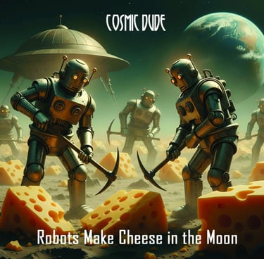Robots with picks cutting into cheese on the moon