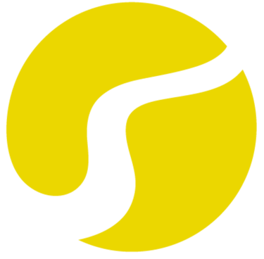 Un logo circulaire jaune minimaliste avec un chemin traversant le centre.