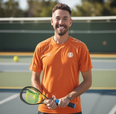 A person wearing a blue sweatshirt holds a blue pickleball paddle and a yellow pickleball. The setting is an outdoor court with a few additional yellow pickleballs lying on the ground. The court surface appears to be made of clay.