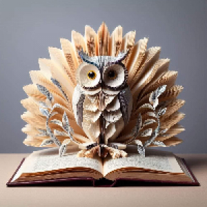 een decoratieve uil zittend op opengeslagen boek