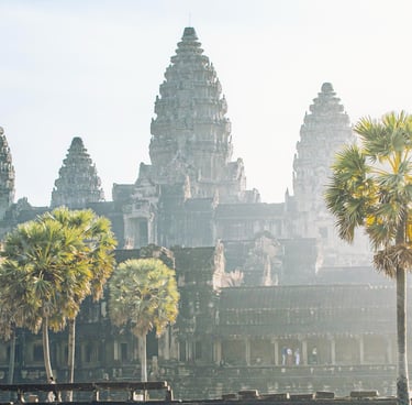 Ancient Angkor Wat temple basking in beautiful sunlight.