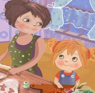 Illustration of a mother and daughter baking and cooking together, sharing a warm smile.