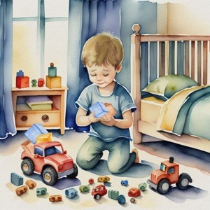An illustration of a boy playing with toy trucks and blocks in a sunlit bedroom.
