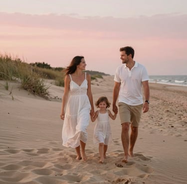 A lifestyle photography portrait of a family walking through the sand dunes of Lake Michigan during the golden hour. The mood is timeless and inviting, with a palette of dusty rose, warm sand, and off-white.