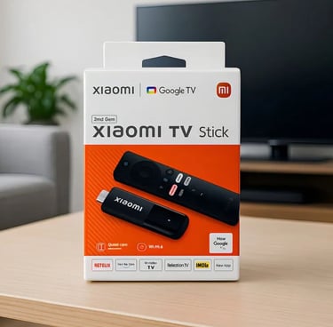 Xiaomi TV Stick 4K 2 GERAÇÃO box with Google TV remote and streaming device on a wooden table.